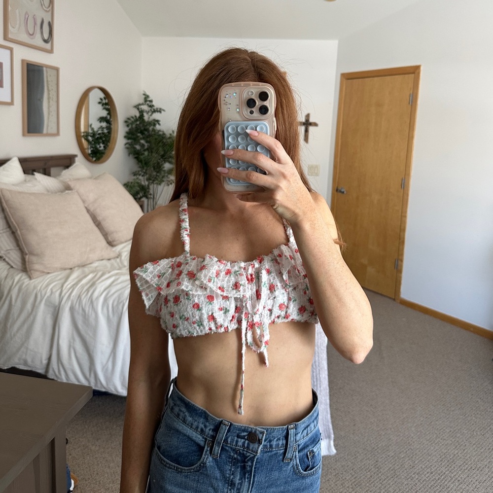 For Love & Lemons Floral Ruffle Crop Top - White and Pink/Red